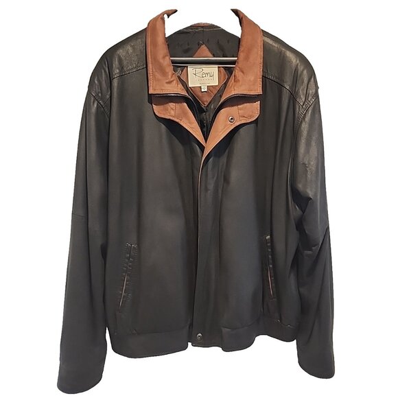 $1895 REMY Leather 52L long Mens Double Collar Bomber Jacket Black brown coat - Picture 3 of 11